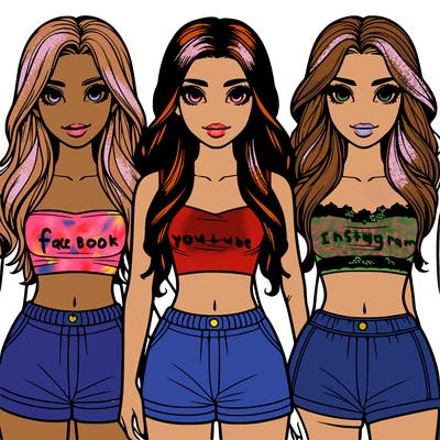 realistic 3 girls in crop tops and shorts with long hair
