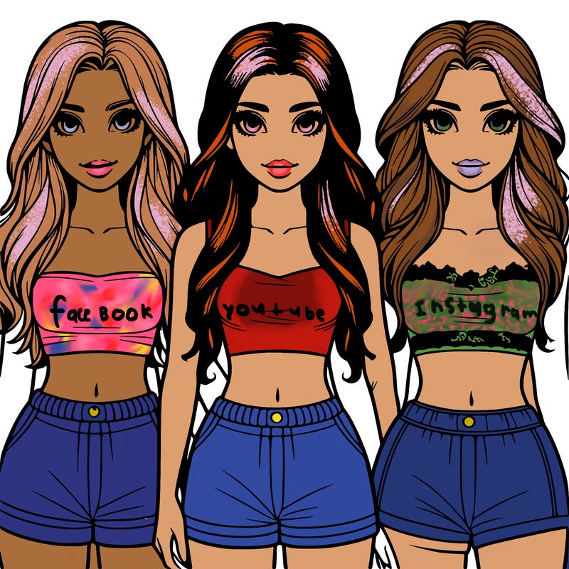 realistic 3 girls in crop tops and shorts with long hair