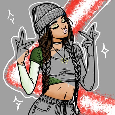 realistic teenage girl with braids and a beanie and crop top doing 🫶🏼