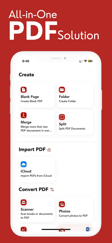 PDF Editor: Fill Edit,Sign PDF - Panel de control de la aplicación Editor de PDF mostrando opciones para crear, fusionar, dividir y convertir archivos PDF en un iPhone.