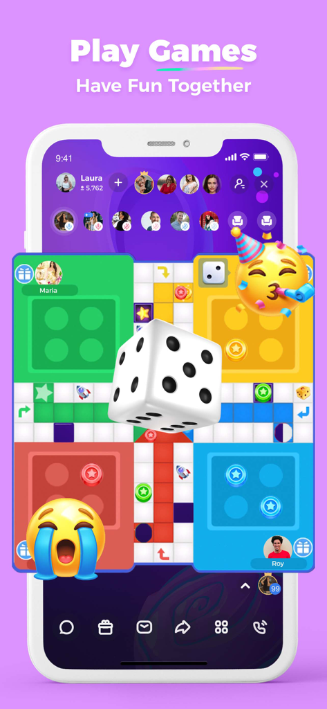 Uplive-Live Stream, Go Live - A mobile screenshot of the Uplive app showing users playing a Ludo-style board game together in a social room.
