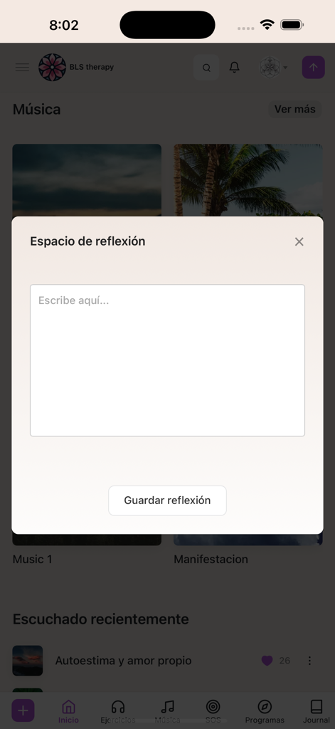 BLS therapy - A reflective writing pop-up within the BLS Therapy app interface for journaling and mindfulness.
