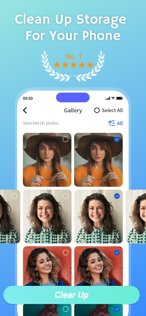 Clean up: AI Storage Cleaner - Clean up AI Storage Cleaner app interface showing duplicate photo selection for storage optimization
