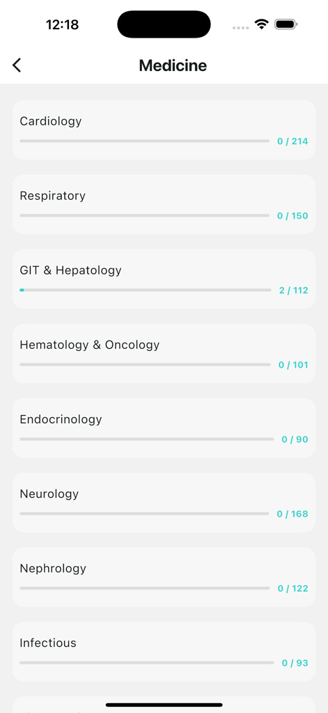 List of medical study categories and progress tracking in the Remedy Platform app