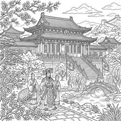 Immerse yourself in ancient China with this exquisite Qin Dynasty spring scene, showcasing majestic imperial architecture amidst blooming cherry blossoms. This detailed coloring page offers a unique blend of history and natural beauty, perfect for a relaxing artistic escape.