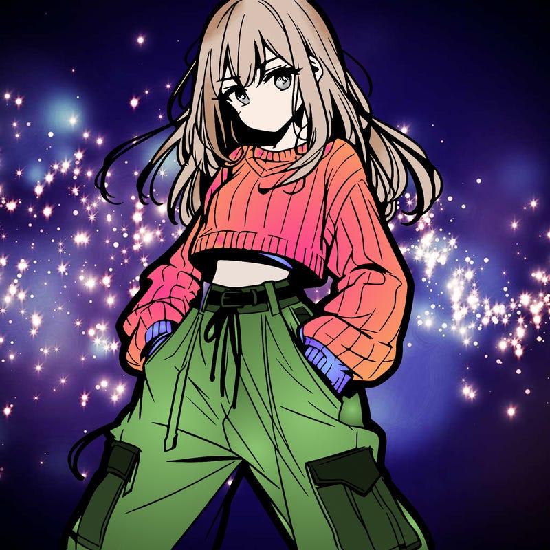 anime teen girl with baggy pants and crop top with sweater