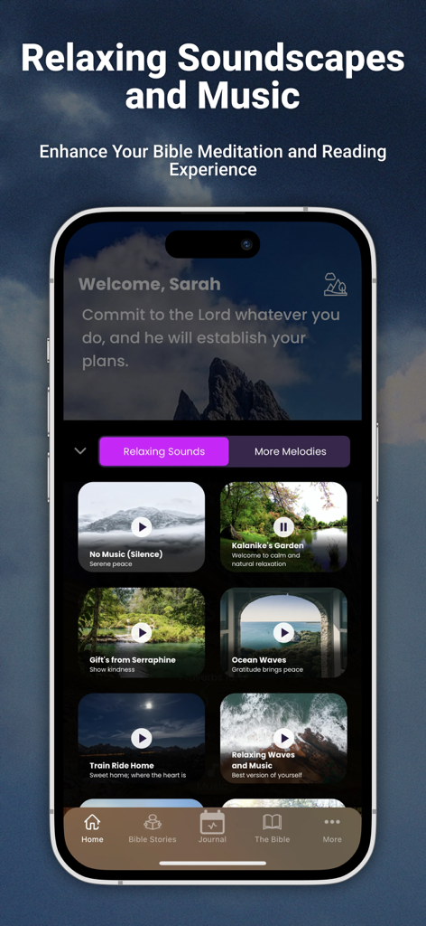 Gratitude - Christian Journal - Interfaz de la aplicación Gratitud Christian Journal mostrando varias opciones de paisajes sonoros y música relajante para la meditación.