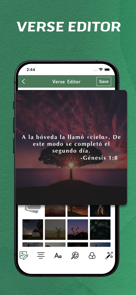Dios Habla Hoy - offline - Editor de versículos bíblicos en la aplicación Dios Habla Hoy con escritura sobre una imagen de atardecer