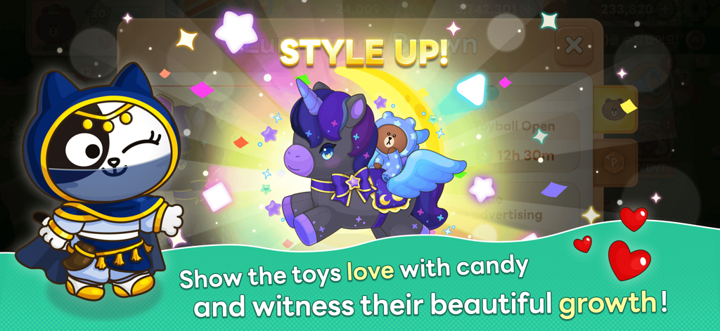 Brown Toys - A screenshot of Brown Toys showing a purple winged unicorn with the text Style Up and beautiful growth.