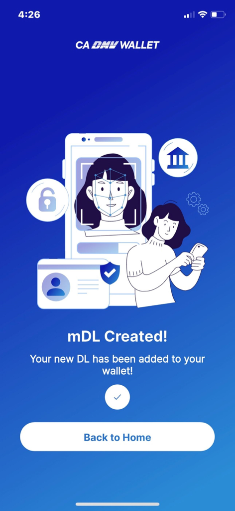 CA DMVウォレットアプリの成功画面。モバイル運転免許証が作成され、デジタルウォレットに追加されたことを確認します。
