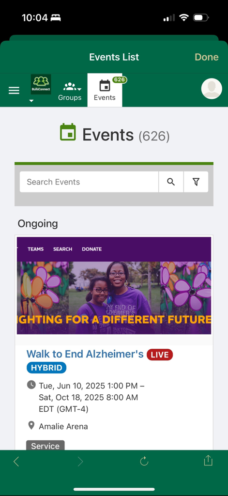 MyUSF Mobile - Screenshot of the MyUSF Mobile app events list showing campus activities and ongoing events