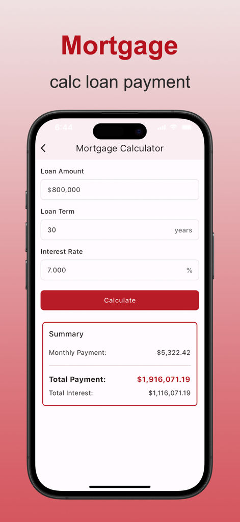 Calculator Box:All-in-one clac - Mortgage calculator interface displaying monthly payment and total loan summary.