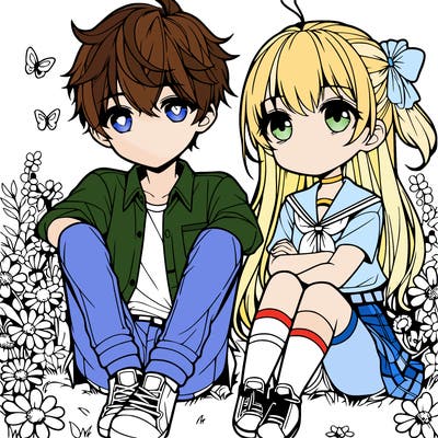 a cute anime couple a boy and a girl sitting in a field with flowers