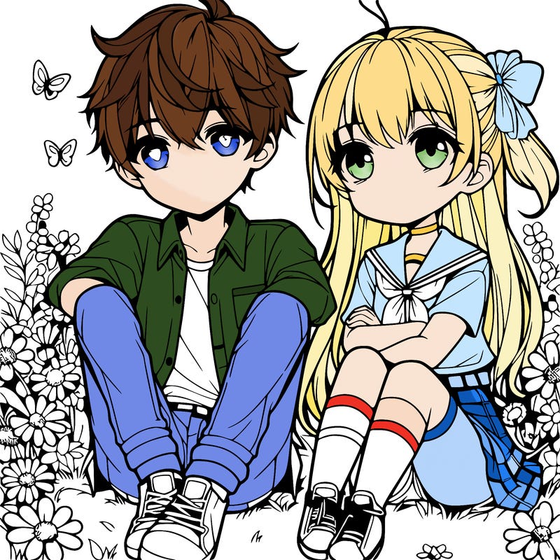 a cute anime couple a boy and a girl sitting in a field with flowers