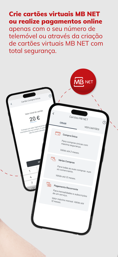 Ecrãs da aplicação MB WAY mostrando opções de cartões virtuais MB NET para compras online seguras.