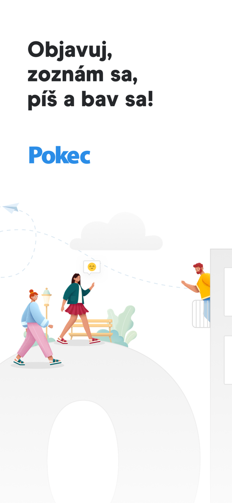 Pokec.sk - Zoznamka & Chat - Intro screen of the Pokec app with Slovak text and people illustrations