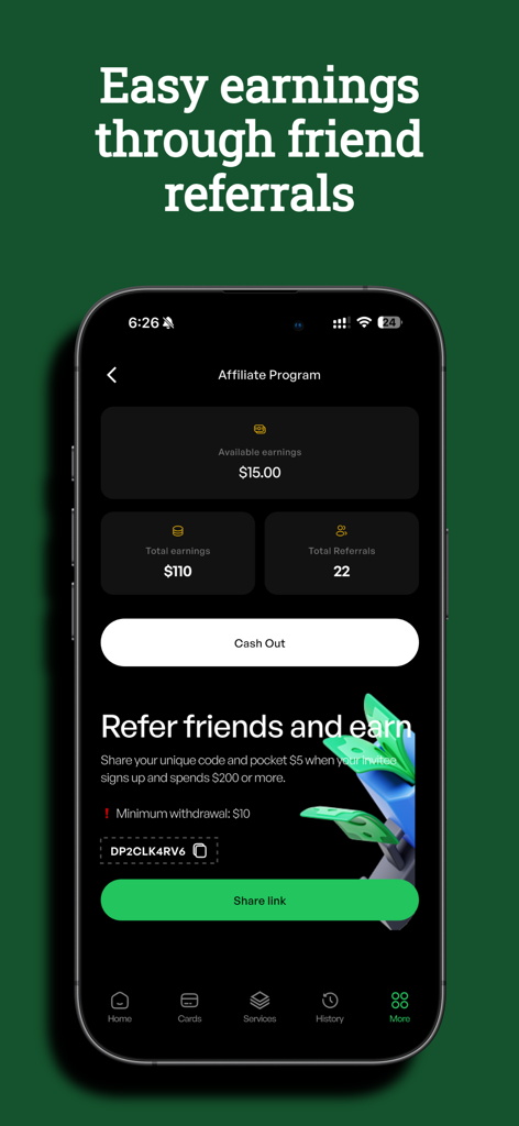 Digital Purse - Digital Purse app affiliate program screen showing referral earnings and a unique invite code to share with friends.