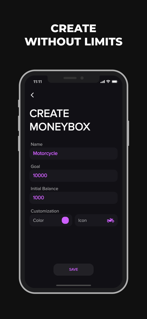 Interfaz para crear una hucha personalizada para una meta de ahorro de motocicleta con selección de icono y color personalizado.