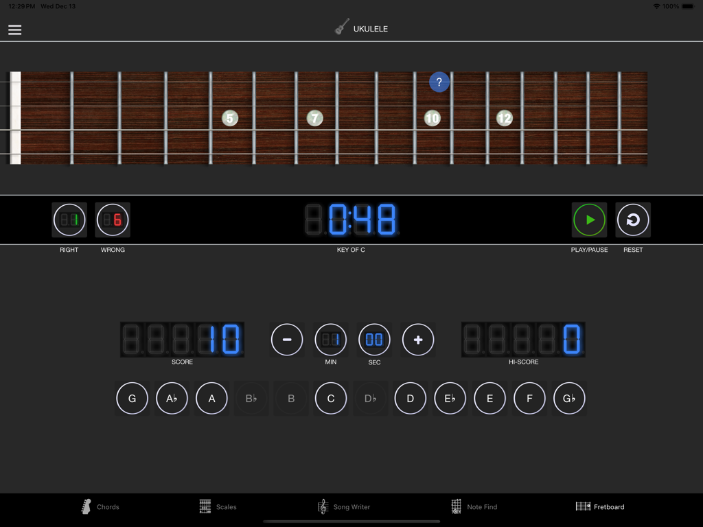 StringMaster Uke - StringMaster Uke app interface showing a fretboard note finding practice game