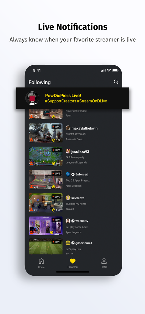 Un'interfaccia smartphone dell'app DLive che mostra una notifica per PewDiePie in live e un elenco di stream di gioco seguiti.