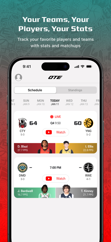 OTE Live - Pantalla de la aplicación OTE Live mostrando resultados en vivo de baloncesto, enfrentamientos de equipos y estadísticas de jugadores