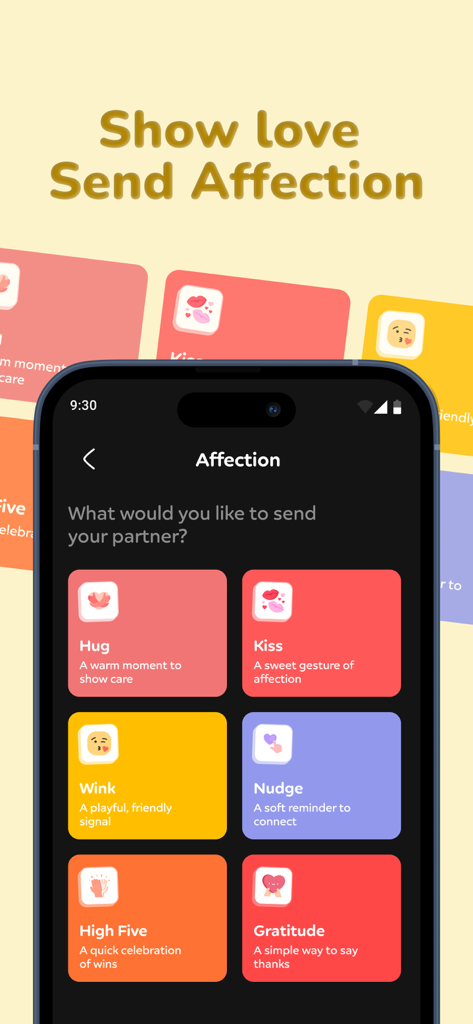 A interface do aplicativo Lovora para enviar afeto virtual como abraços e beijos para um parceiro.
