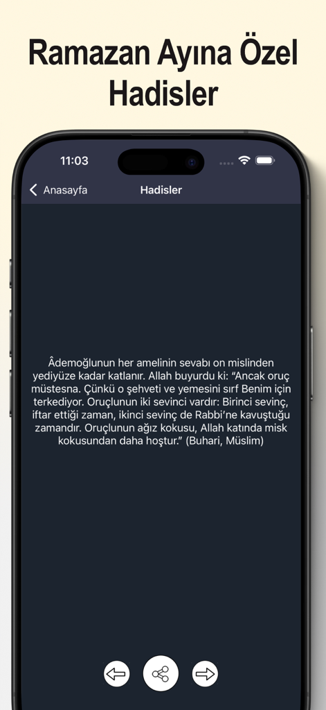 Ramazan 2026 - İmsakiye - A screenshot showing special Ramadan Hadiths in Turkish within the Ramazan 2026 app