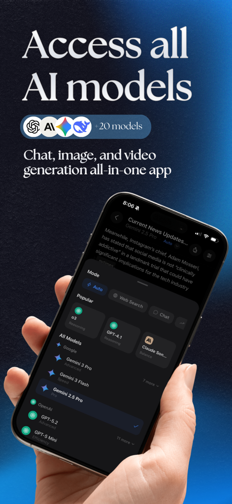 NinjaChat AI - Teléfono inteligente mostrando la interfaz de la aplicación NinjaChat AI con una lista de varios modelos de IA como GPT, Claude y Gemini