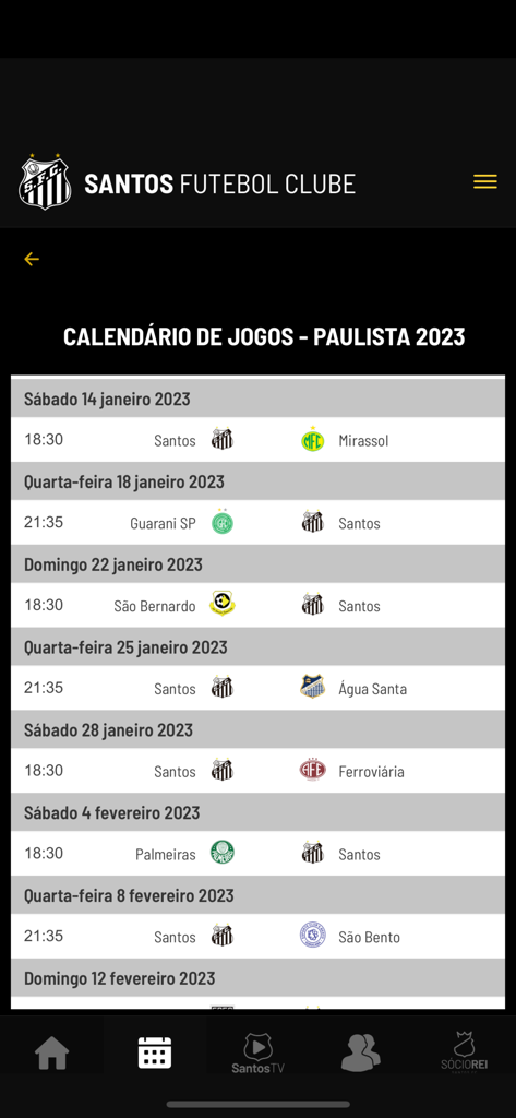 Santos FC - Santos FC official app match calendar showing upcoming soccer fixtures and game schedules
