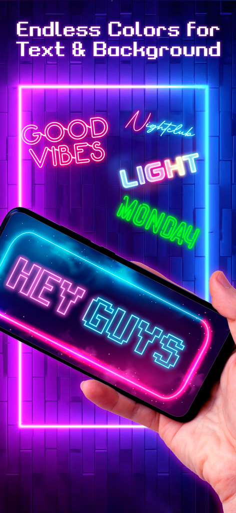 LED Banner: LED Scroller Text - Una mano sosteniendo un smartphone mostrando un mensaje de neón HOLA CHICOS con colores y estilos de fuente personalizados