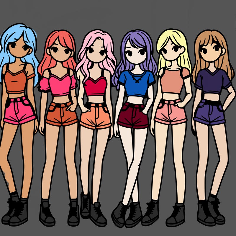 a group of girls wearing crop tops and shorts