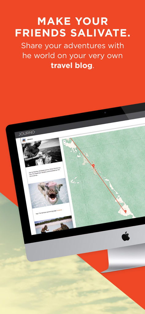 A desktop monitor displaying a personal travel blog with a journey map and travel photos