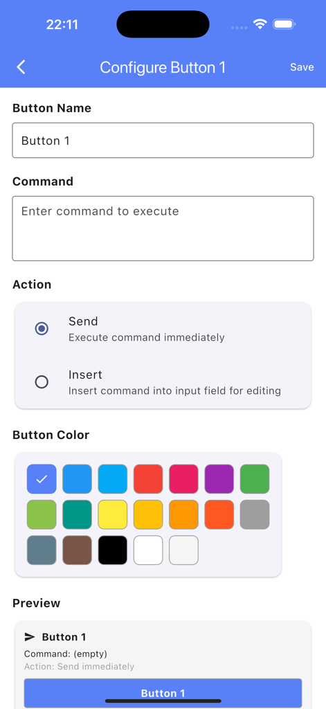 Serial BLE Console app interface for configuring a macro button with name, command, action, and color choices