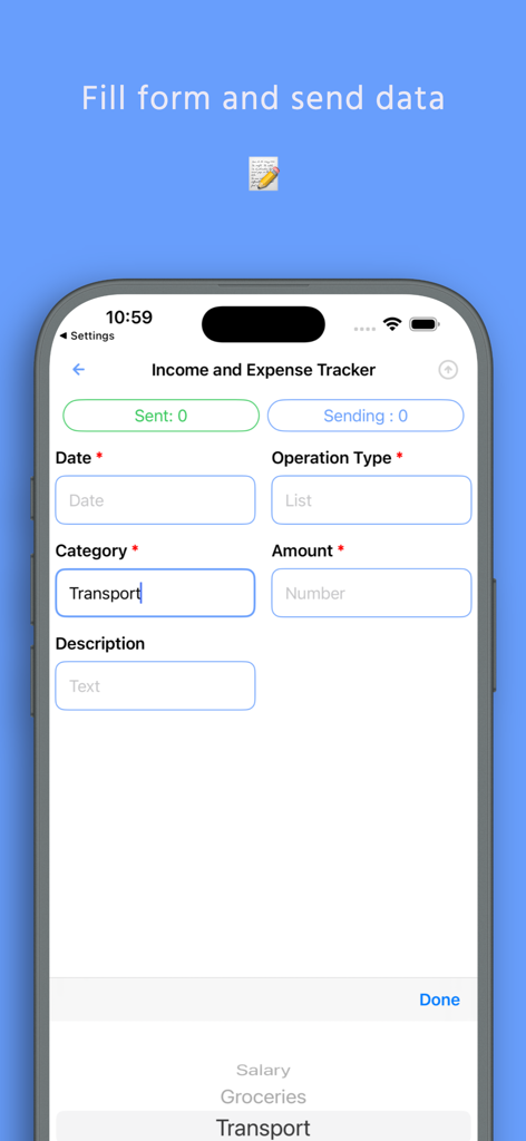 Mobile app interface showing an income and expense tracker form for direct spreadsheet entry
