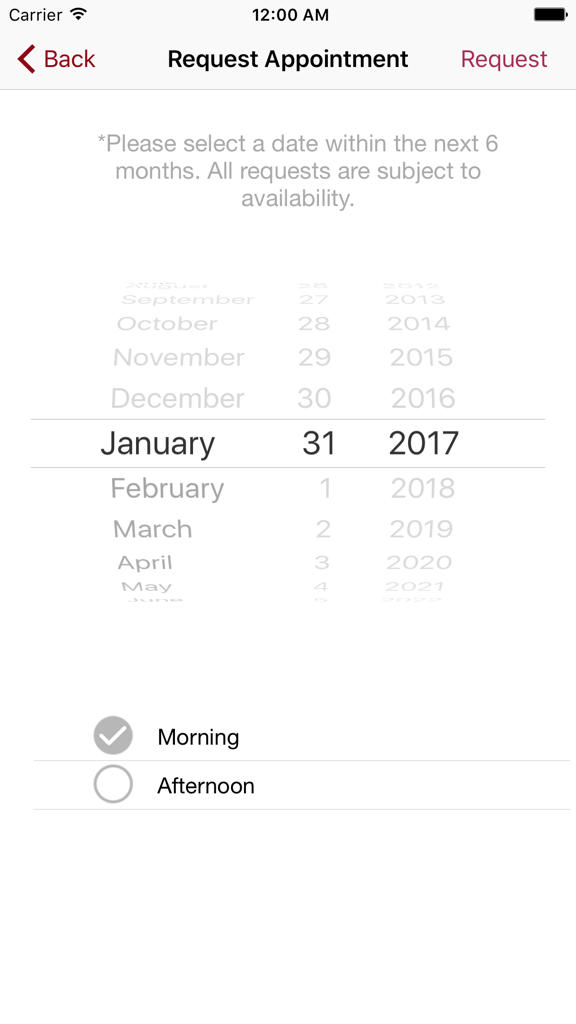 Request appointment screen with date and time selection in the CIS CardioConnect app