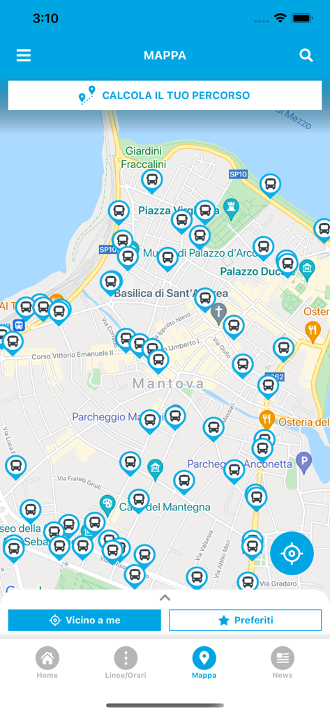 APAM mobile+ - Mappa dei trasporti APAM mobile plus che mostra le posizioni delle fermate degli autobus e la pianificazione del percorso a Mantova Italia