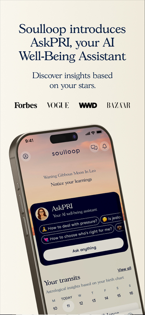 Smartphone screen showing Soulloop app with AskPRI AI well-being assistant and astrological insights.