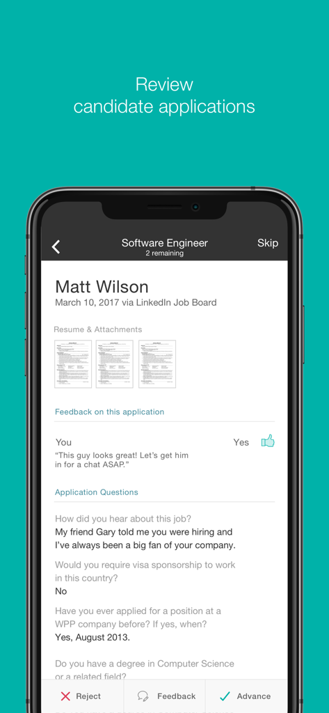Greenhouse Recruiting - Greenhouse Recruiting app screen showing a candidate profile review for a Software Engineer position with resume attachments and application questions.