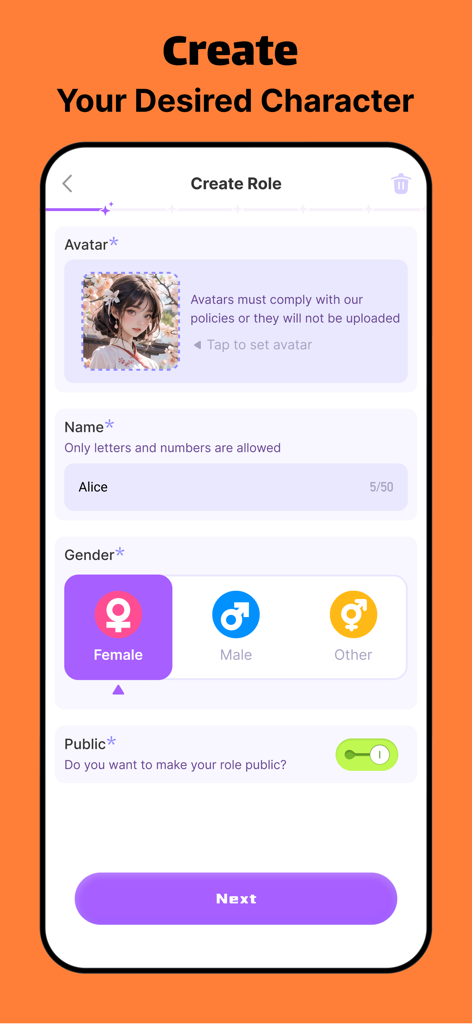 Interface for creating a customized AI character role with avatar and gender selection