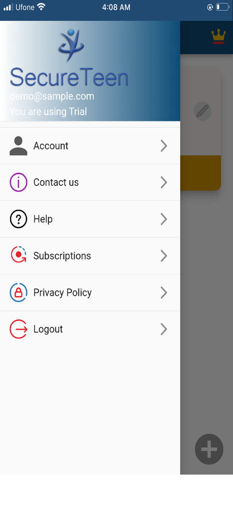 SecureTeen Parental Control - Side navigation menu of the SecureTeen app showing options for account settings, help, and subscriptions.