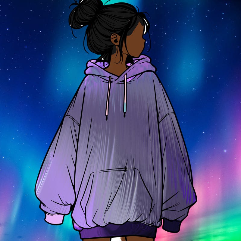 realistic girl with a oversized sweatshirt on and a bun