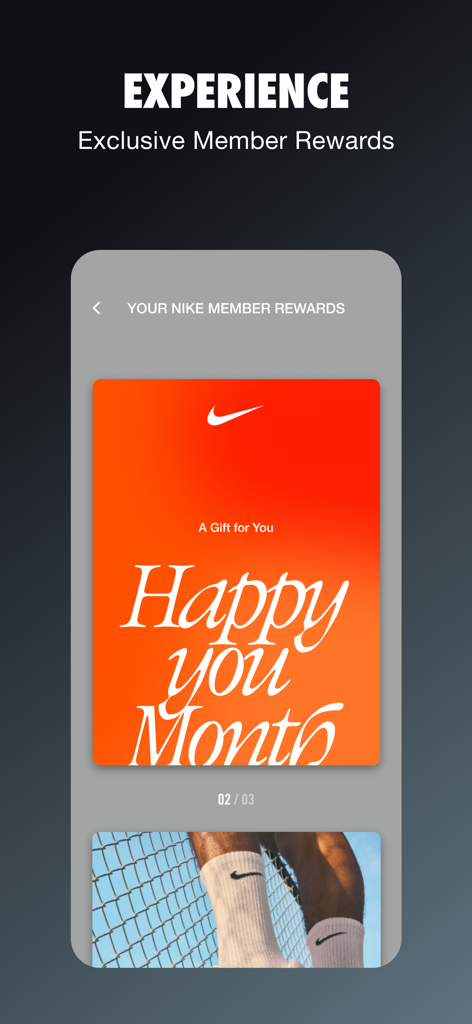 Nike App-Bildschirm mit exklusiven Member-Belohnungen und personalisierten Geschenken
