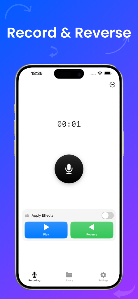 Sound Reverser: Audio Effects - Interface de l'application mobile montrant un bouton d'enregistrement et des options pour jouer ou inverser l'audio.