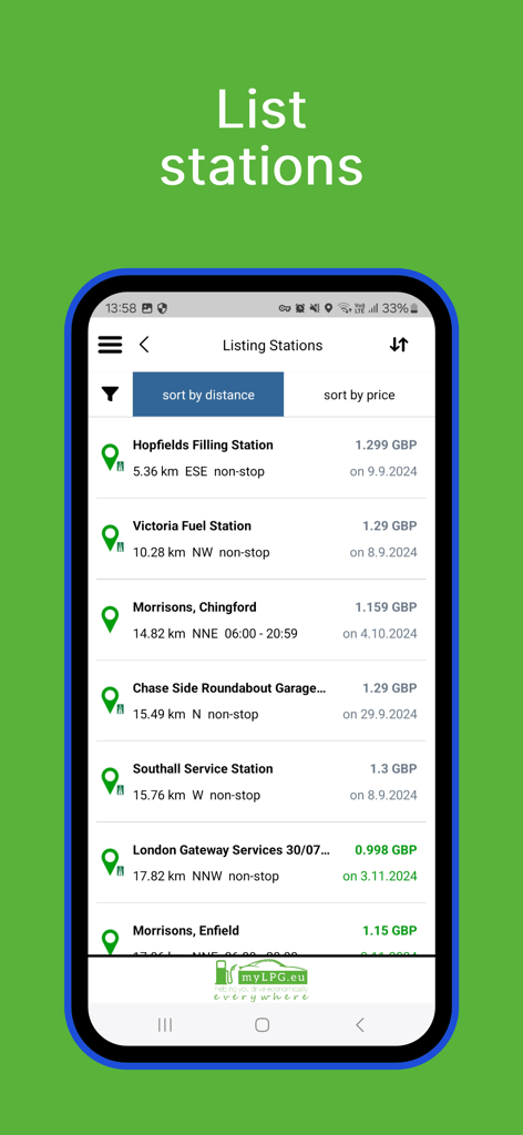 Eine Liste von LPG- und Propangas-Tankstellen in der myLPG.eu-App, die Preise, Entfernungen und Betriebszeiten anzeigt