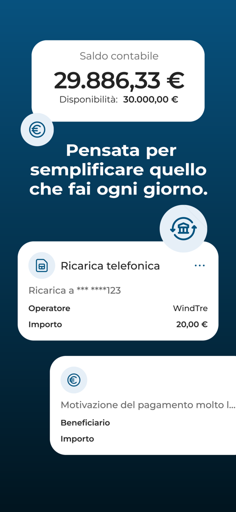 Interface of the SCRIGNObps mobile banking app showing account balance and a phone recharge feature