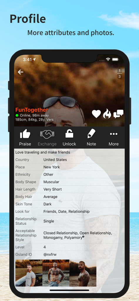 A detailed user profile on the Gsland app showing physical attributes and relationship preferences
