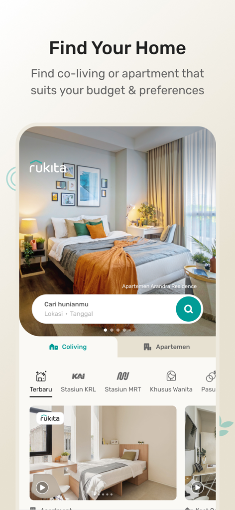 Interfaz de la aplicación Rukita que muestra opciones de búsqueda de casas para coliving y apartamentos con listados de habitaciones de alta calidad