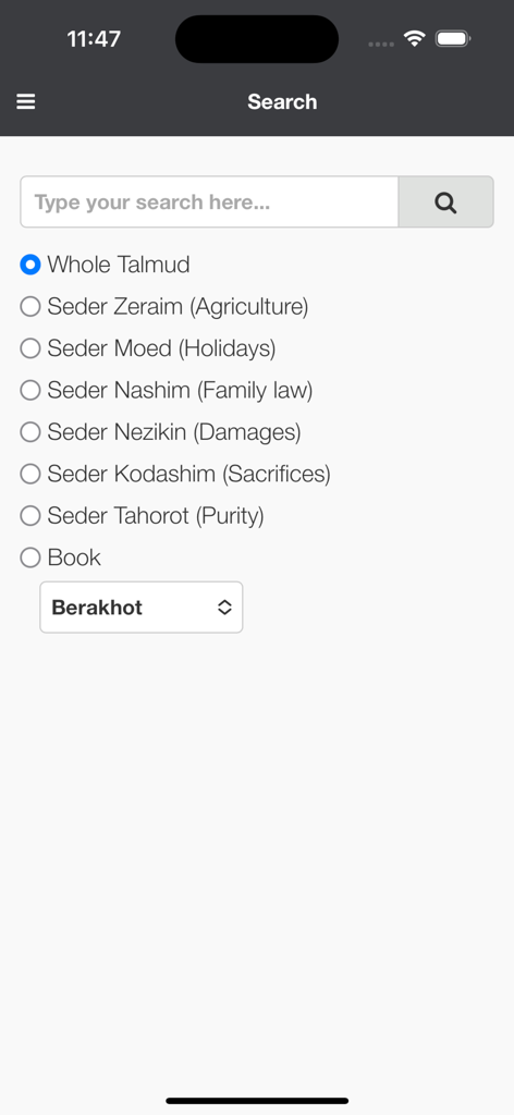 Talmud Now - Suchbildschirm der Talmud Now-App mit Optionen zum Filtern nach Sedarim und bestimmten Büchern.
