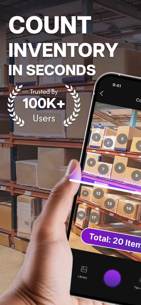 Count Things Object Counter - A hand holding a smartphone using an object counting app to automatically number and count cardboard boxes on warehouse shelves