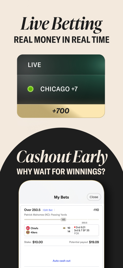 BetMGM - Sportsbook & Casino - Interface of the BetMGM app featuring live betting odds and the early cashout function for sports wagers